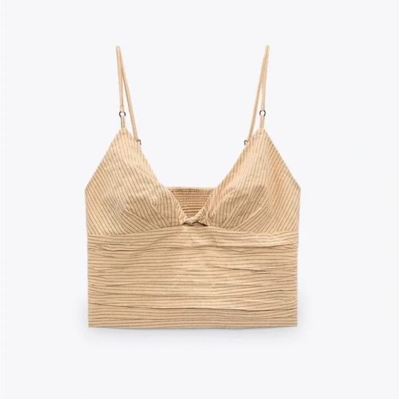 Zara Pinstripe Crop Top V Neck Keyhole Cutout Ruched Smocked Back Cream Size S - Picture 10 of 11